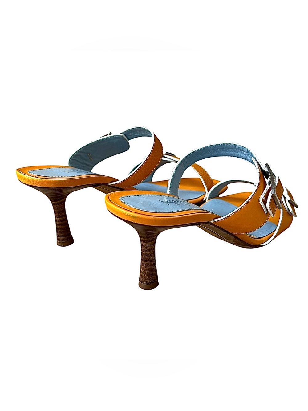 LAMBERTSON TRUEX Marigold Leather Heeled Sandals w/ Buckles - Picture 12 of 16